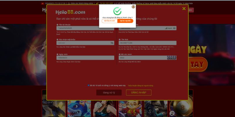 Hello88 thông báo người chơi đăng ký tài khoản thành công
