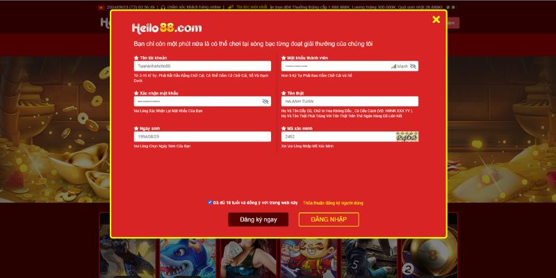 Hoàn thành biểu mẫu đăng ký của Hello88